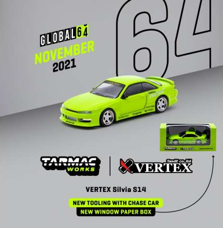 1/64 Tarmac Works Nissan VERTEX Silvia S14 Diecast Model Car Blue  T64G-018-BL